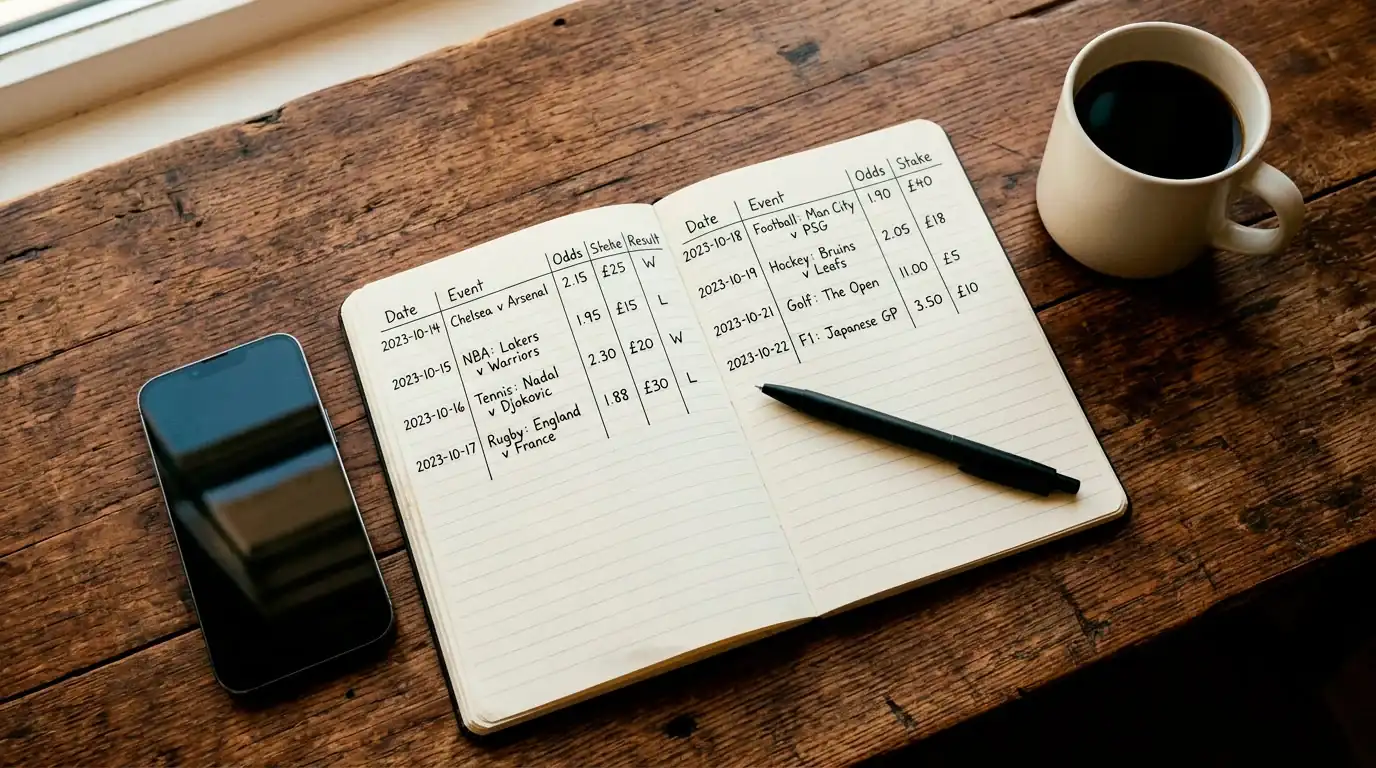 Notebook with handwritten betting records next to a pen and a cup of coffee on a wooden desk