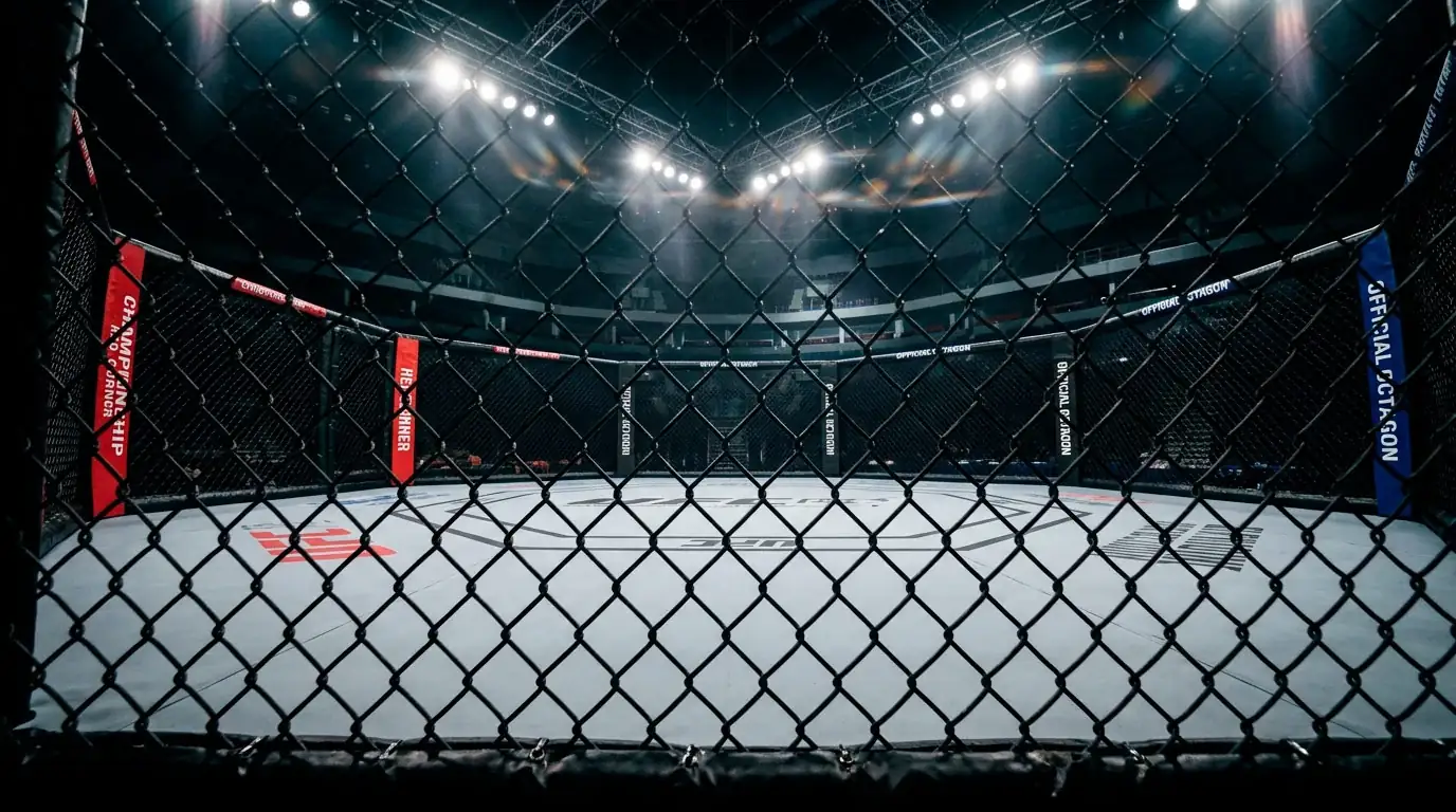 UFC officials and referees inspecting the octagon before a sanctioned bout with integrity protocols visible