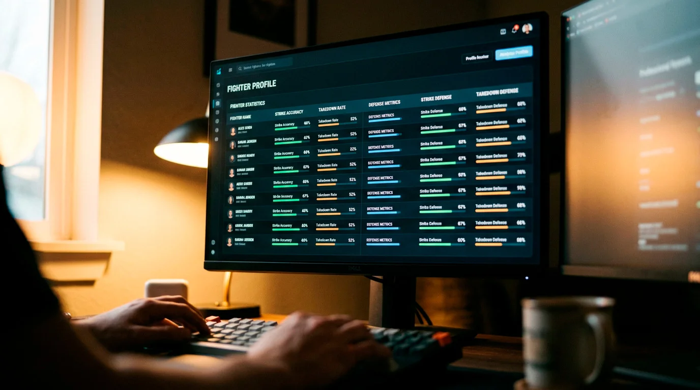 UFC Stats database screen showing striking accuracy and takedown metrics for an MMA fighter